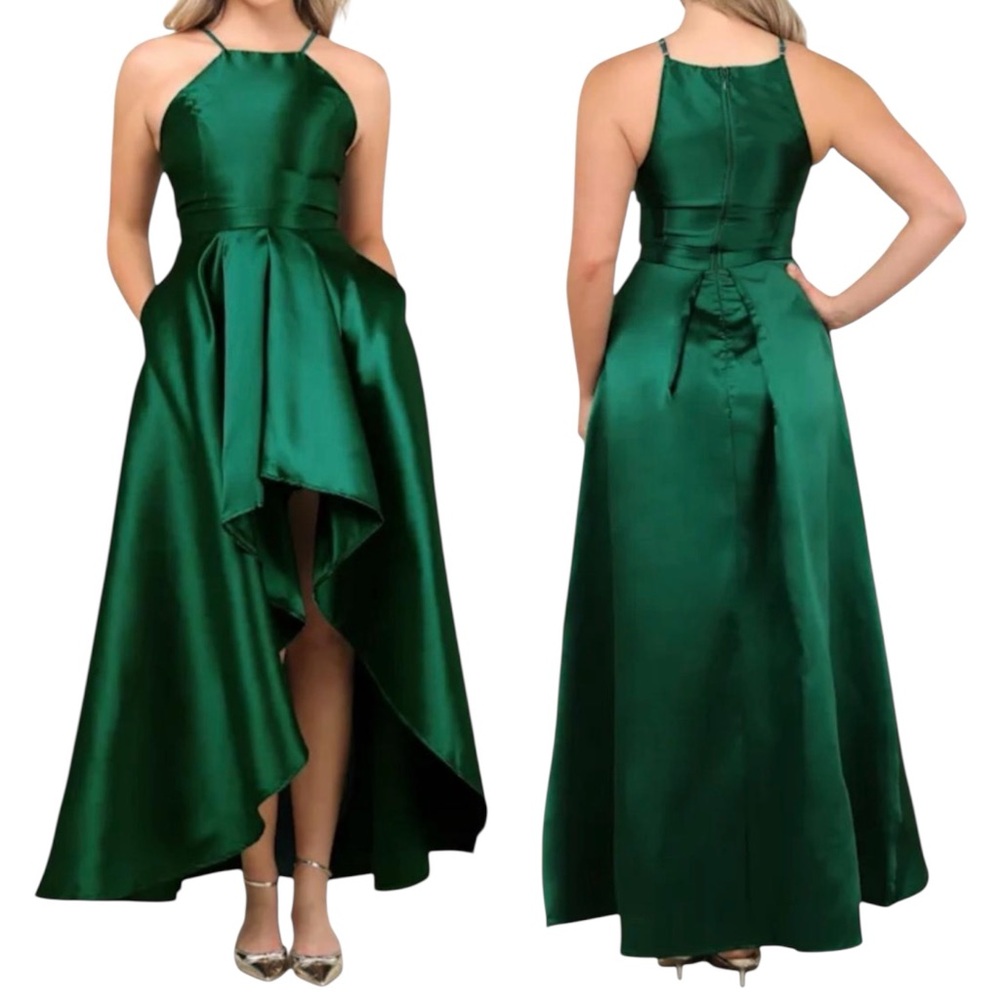 NWOT Lulus Broadway Show Emerald Green High-Low Halter Neckline Gown Dress